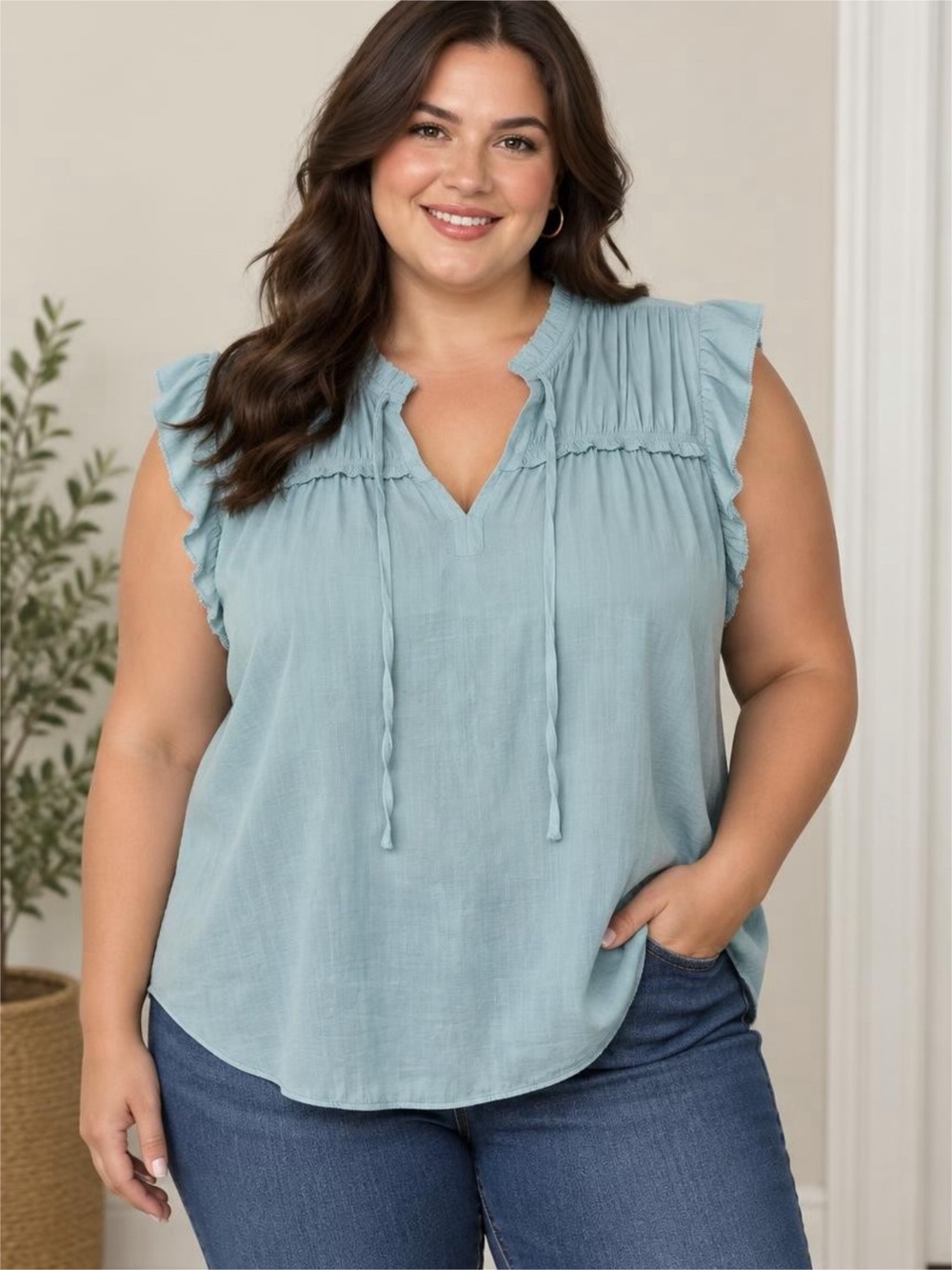 NWT 2XL Light Blue Ruffled Yoke Sleeveless Camisole